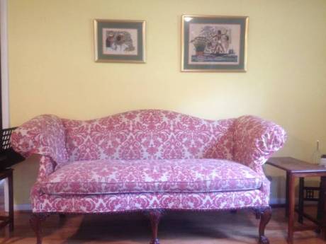 Ethan Allen pink damask sofa